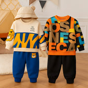 Boys Cotton Light Winter Knit Full Sleeves Lion & Text Printed Sweatshirt With Joggers Set Pack of 2