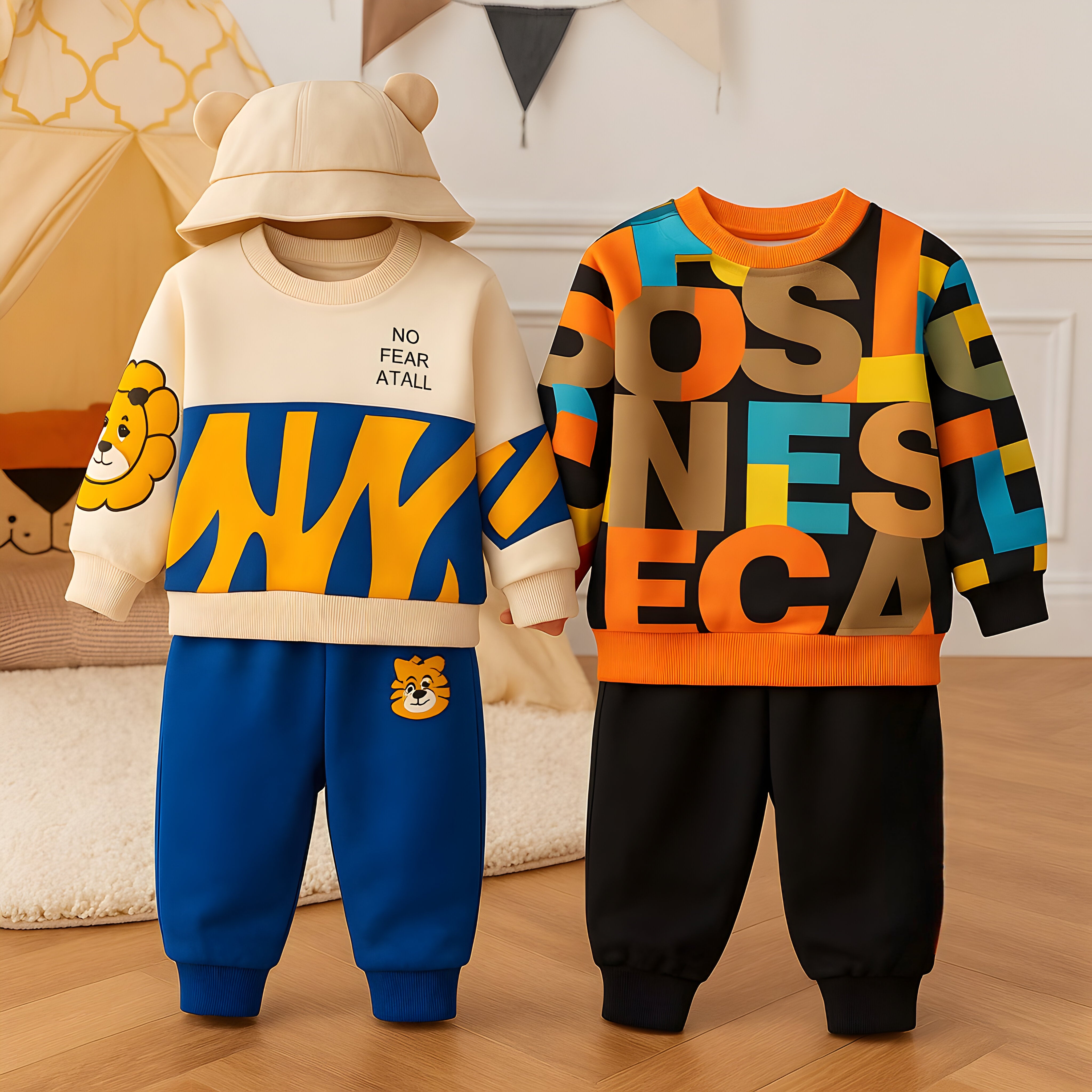 Boys Cotton Light Winter Knit Full Sleeves Lion & Text Printed Sweatshirt With Joggers Set Pack of 2