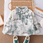 Boys Woven Green Patched Text Printed Collared Neck Full Sleeves Shirt - Green