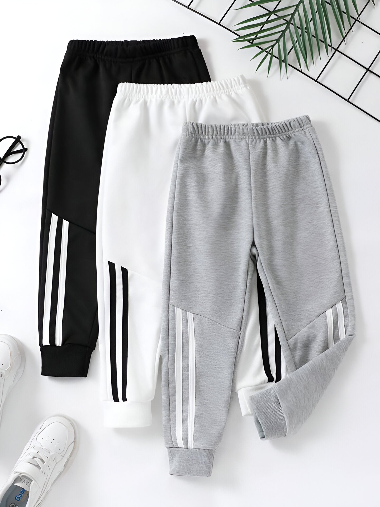Boy's 3-Pack White, Grey & Black Striped Joggers