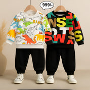 Boys Cotton Full Sleeves Sweatshirts Pack Of 2  & Joggers Set - White dino & Black Letter