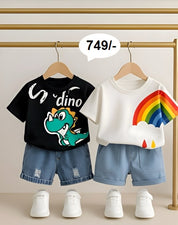Boys Cotton Half Sleeves Tees & Shorts Set Pack Of 2 - Black Super Dino & White Rainbow