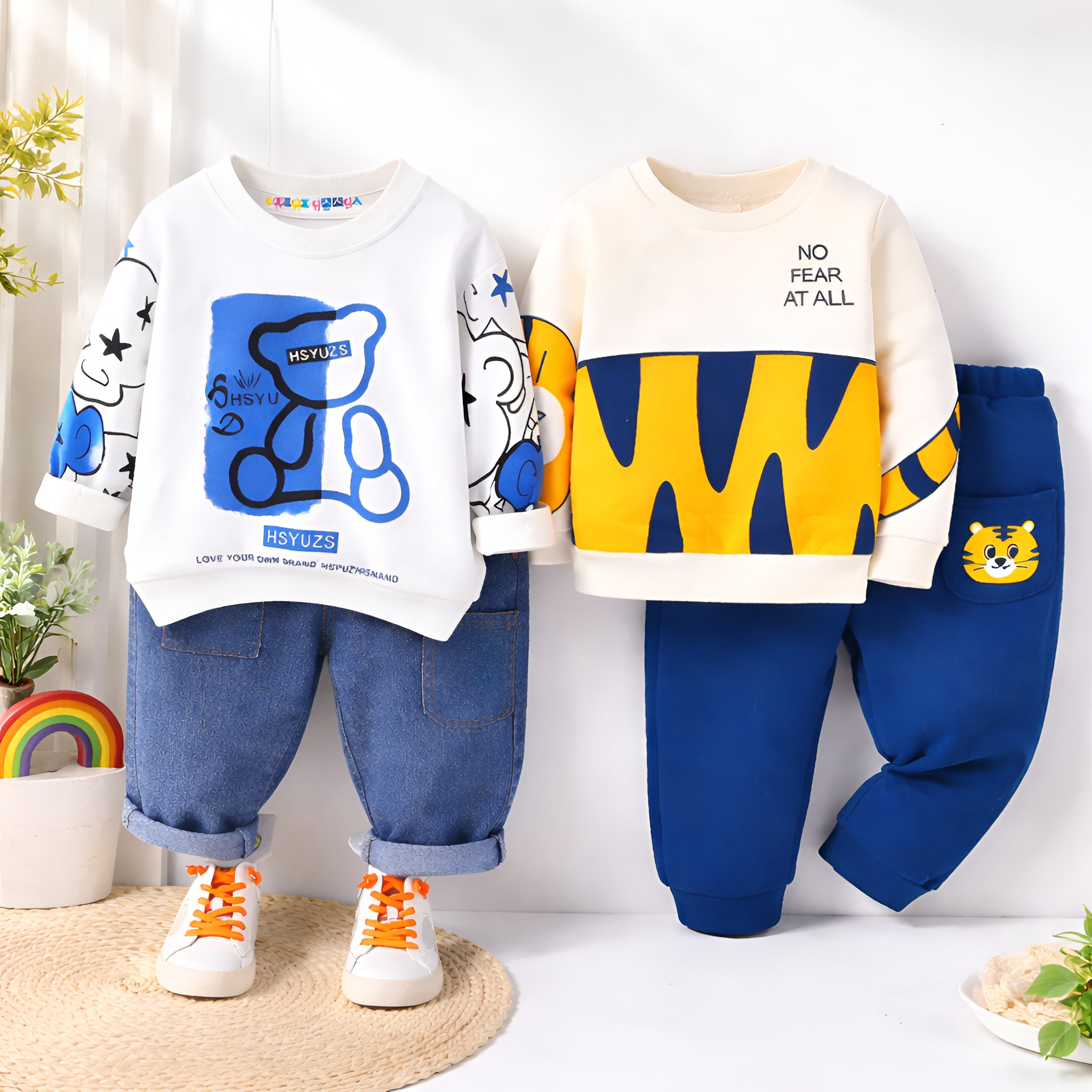 Boy's Cotton Teddy & Animal Printed Sweatshirt With Joggers Set - White & Cream