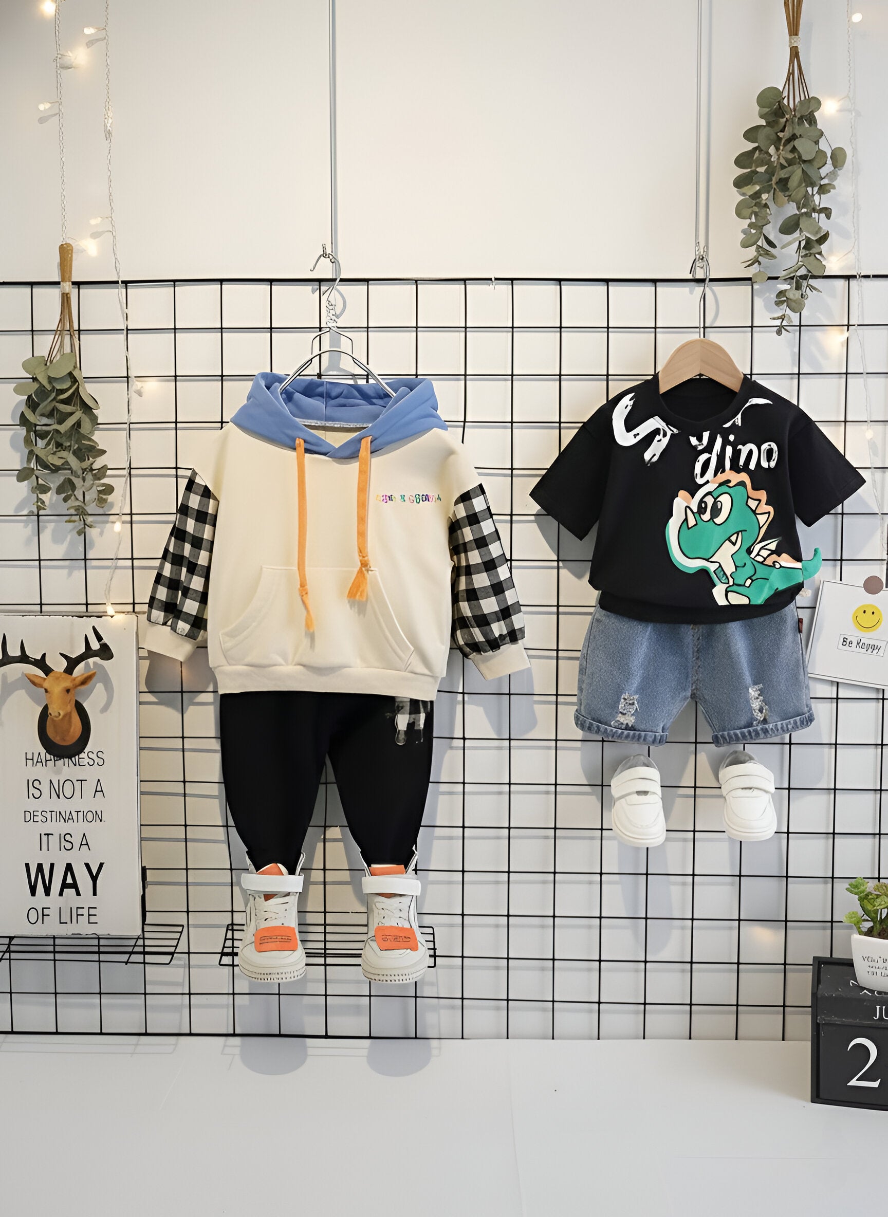 Boys Cotton Light Winter Knit Dino & Text Printed Sweatshirt T-shirt and Bottom Set Pack of 2 - Cream & Black