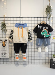 Boys Cotton Light Winter Knit Dino & Text Printed Sweatshirt T-shirt and Bottom Set Pack of 2 - Cream & Black