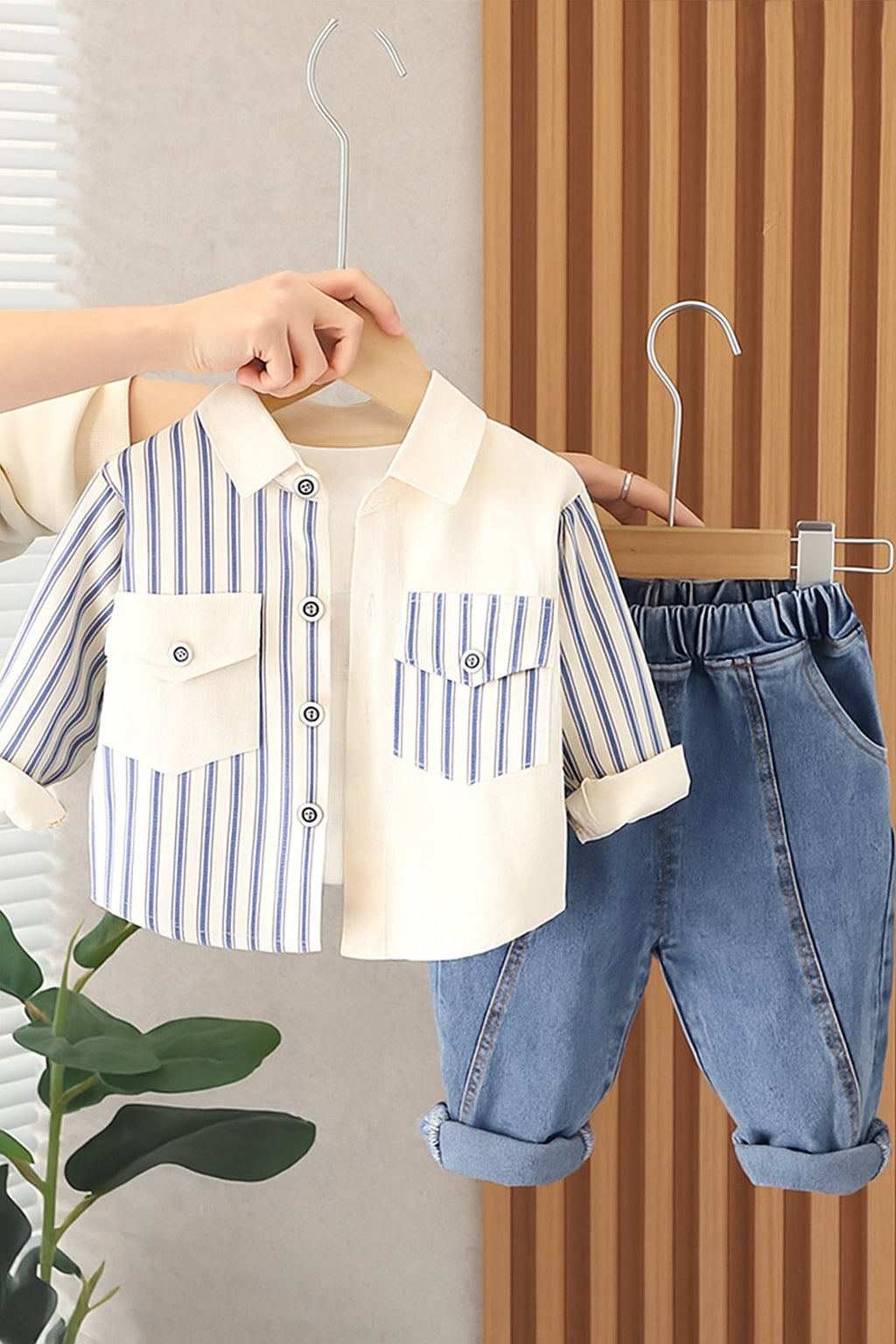 Boys Woven Stripes Printed Collared Neck Full Sleeves Shirt and Denim Pant Set - Cream
