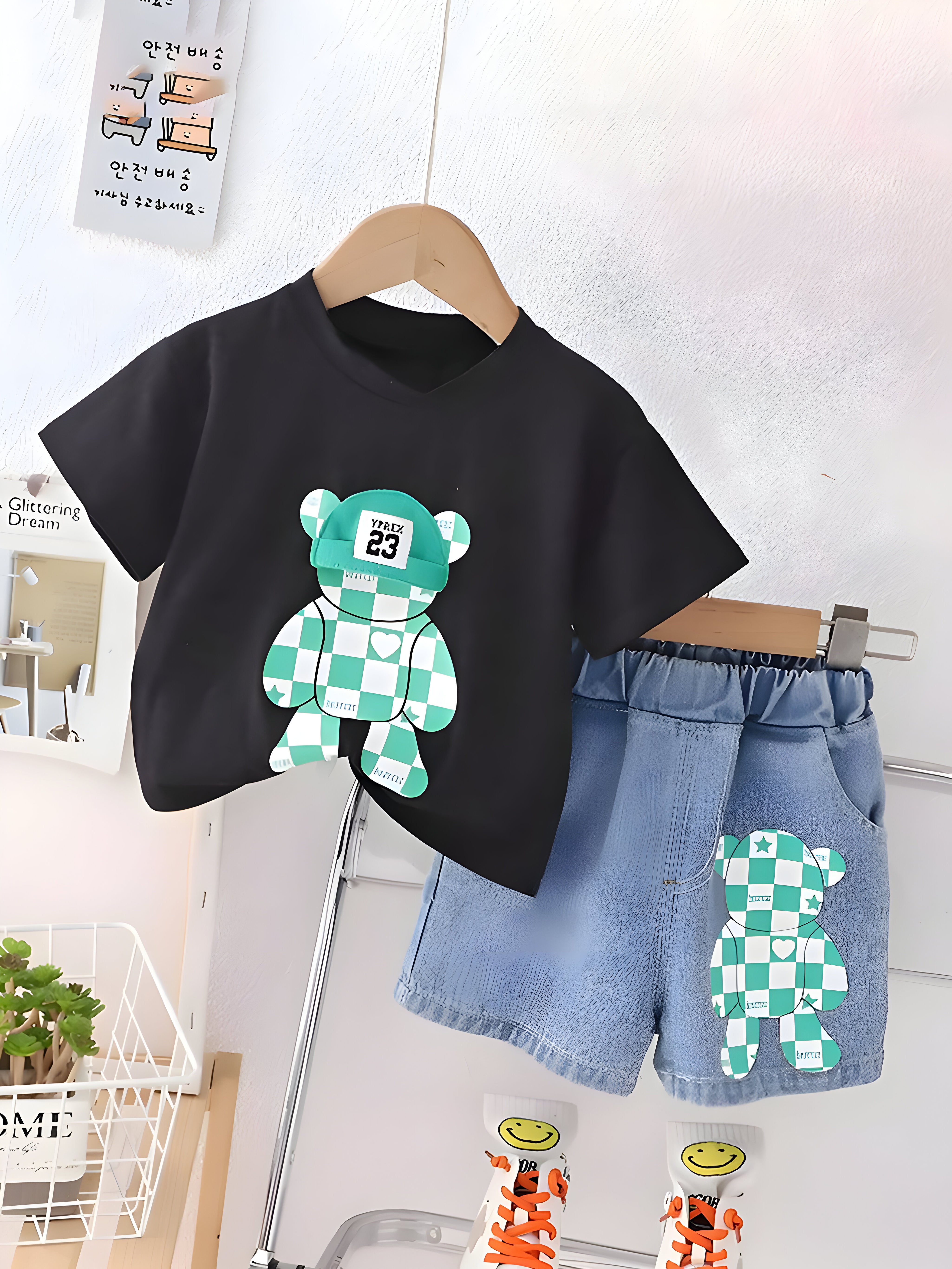 Boy's Black Graphic Print T-Shirt & Shorts Set