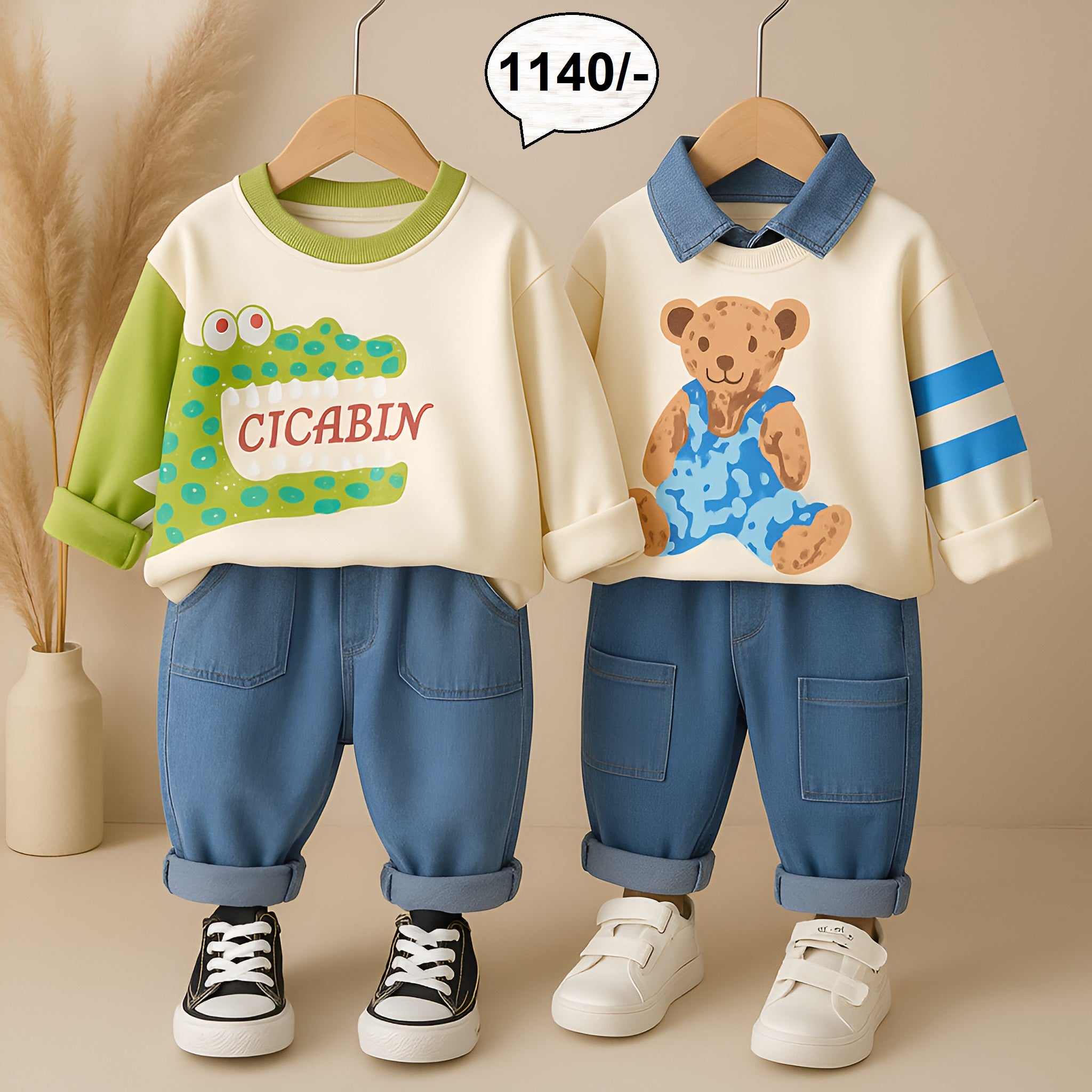 Boys Cotton Full Sleeves Sweatshirts & Joggers Set Pack Of 2 - Dino & Teddy Printed