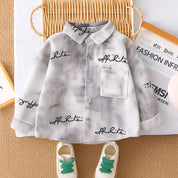 Boys Woven Grey Patched Text Printed Collared Neck Full Sleeves Shirt - Grey