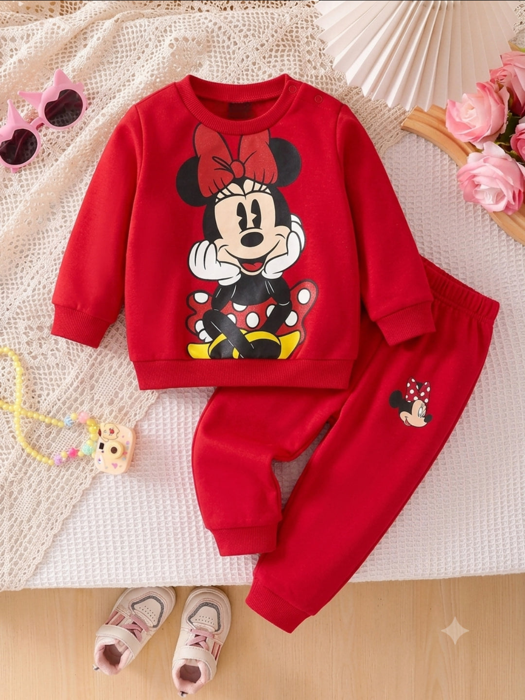Googo Gaaga Girls Minnie Mouse Printed Sweatshirt & Jogger Set (Red)