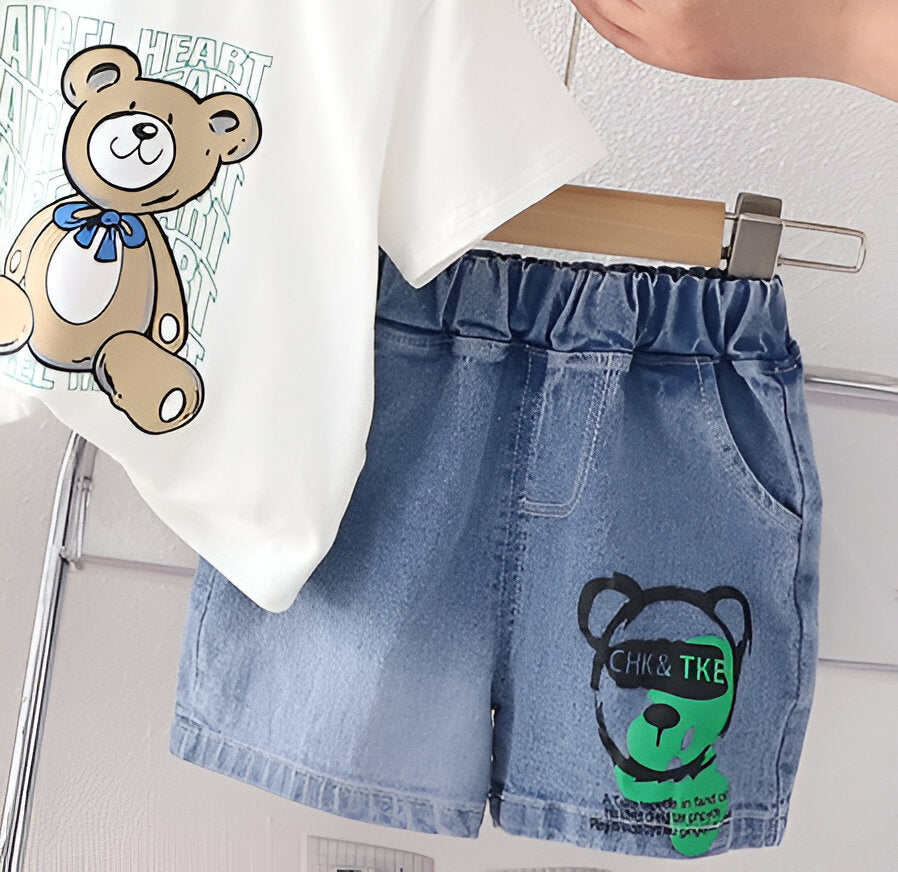 Boy's White Bear Print T-Shirt & Shorts Set