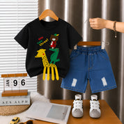 Googo Gaaga Boys Cotton Giraffe Printed T-Shirt & Shorts Set - Black