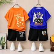Boys Cotton Half Sleeves Tee & Shorts Set Pack of 2 - Orange & Blue
