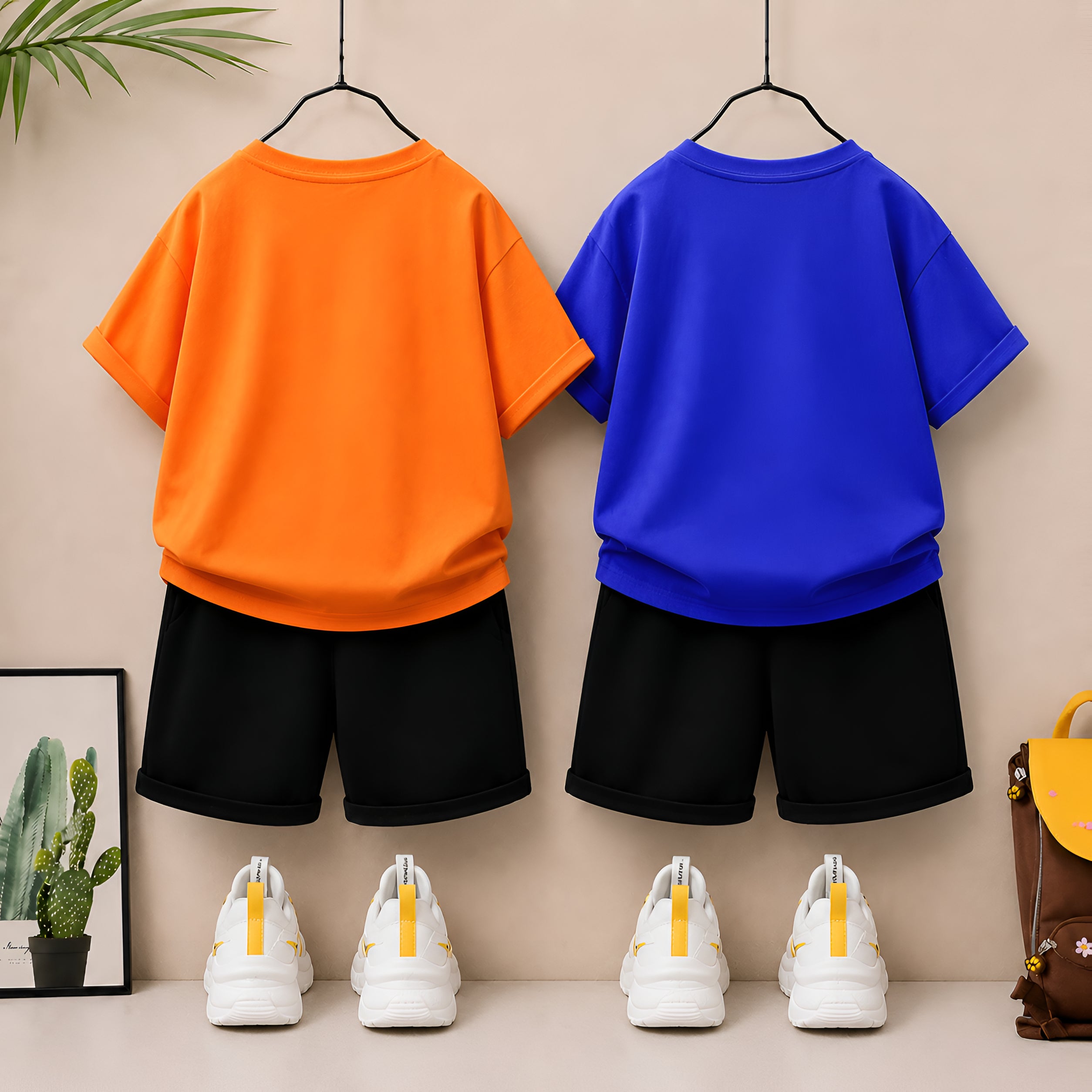 Boys Cotton Half Sleeves Tee & Shorts Set Pack of 2 - Orange & Blue
