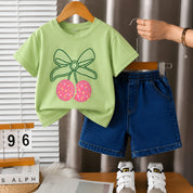 Googo Gaaga Girls Cotton Cherry Printed T-Shirt & Shorts Set - Green