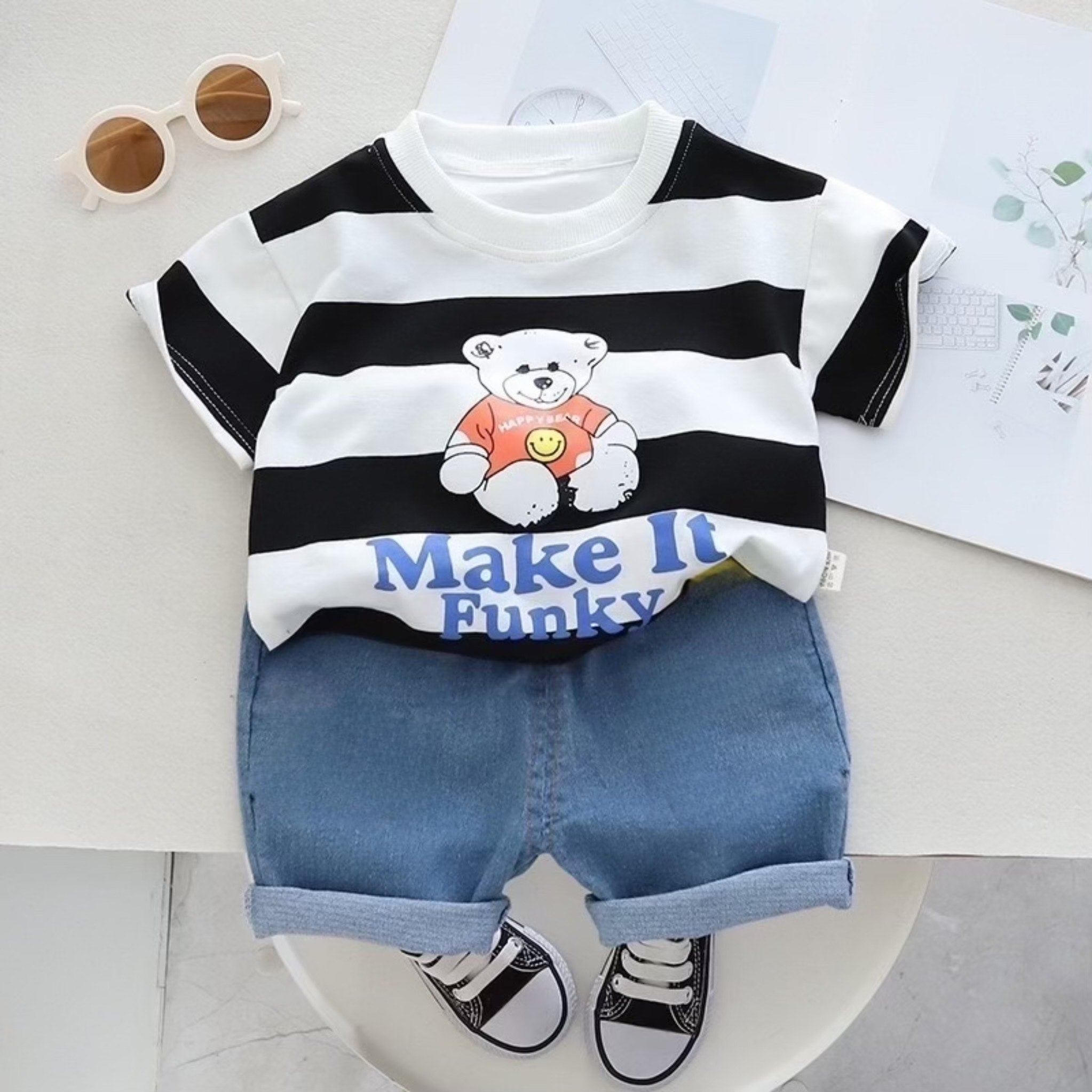 Boy's White Text Print T-Shirt & Shorts Set