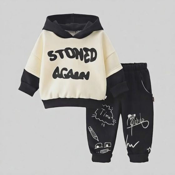 Boy's Cotton Winter Full Sleeves Black Stoned Printed Sweatshirt & Jogger Pant Set - Black
