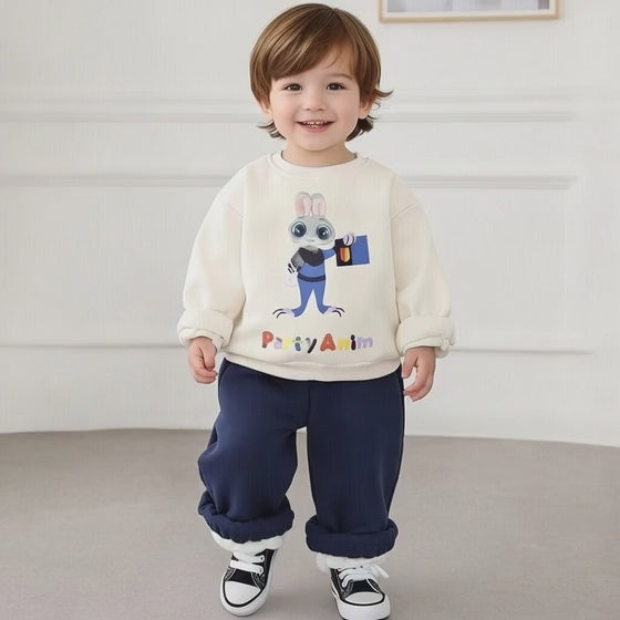 Boy's Cotton Winter Full Sleeves Animal Printed Sweatshirt & Jogger Pant Set - Navy