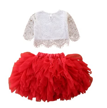 Googogaaga Girl's Polycotton Lace Detailed Top With Skirt In Red Color