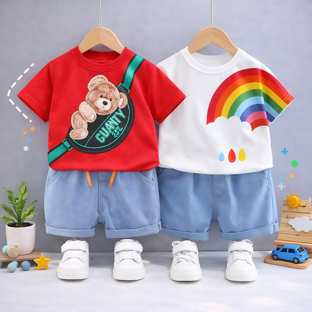 Boys Cotton Half Sleeves Tee & Shorts Set Pack of 2  - Red Teddy & White Rainbow