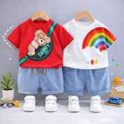 Boys Cotton Half Sleeves Tee & Shorts Set Pack of 2  - Red Teddy & White Rainbow
