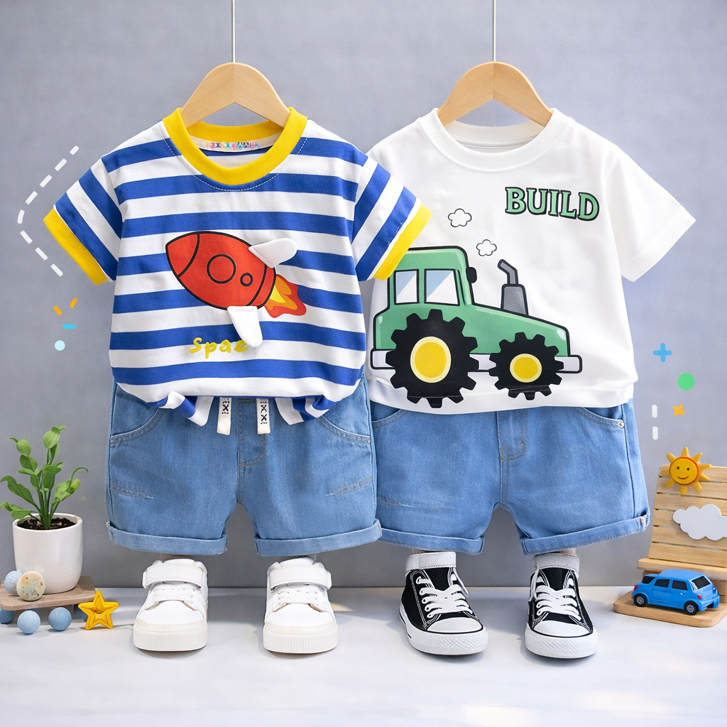 Boys Cotton Half Sleeves Tee & Shorts Set Pack of 2  - Space Denim & White Tractor