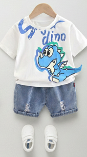 Boys Cotton Light Winter Knit Dino & Text Printed T-shirt and Bottom Set Pack of 2 - Navy & White