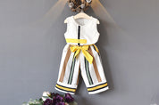 Girl's White Bow Top & Striped Palazzo Set
