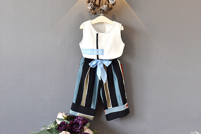 White and Blue Sleeveless Top with Bow Applique and Striped Pallazo