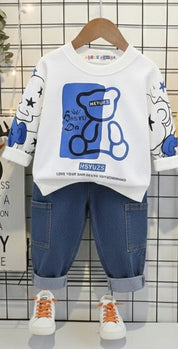 Boys Cotton Light Winter Knit Teddy & Camouflage Printed Sweatshirt and Joggers Set Pack of 2 - White & yellow