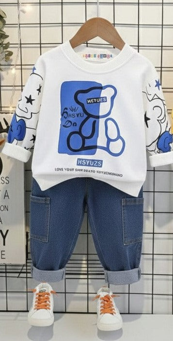 Boys Cotton Light Winter Knit Teddy & Camouflage Printed Sweatshirt and Joggers Set Pack of 2 - White & yellow