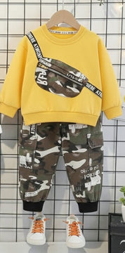 Boys Cotton Light Winter Knit Teddy & Camouflage Printed Sweatshirt and Joggers Set Pack of 2 - White & yellow