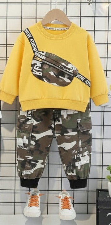 Boys Cotton Light Winter Knit Teddy & Camouflage Printed Sweatshirt and Joggers Set Pack of 2 - White & yellow
