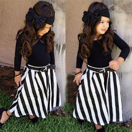 Black Full Sleeves Top with Headband Big Bow and Striped Skirt