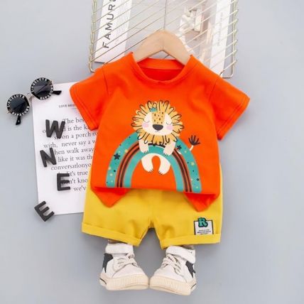 Googogaaga Boy's Cotton Printed T-Shirt with Shorts in Orange Color baby Boys Clothing Set
