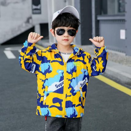 Boys Printed Hooded Cotton Front Open Jacket