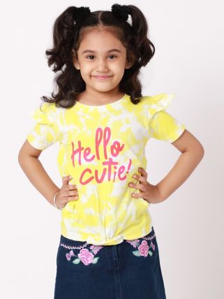Googogaaga Girl's Cotton Printed Tie & Die Top in Yellow Color