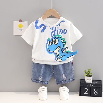 Googogaaga Boy's Cotton Dino Printed T-Shirts with Denim Shorts