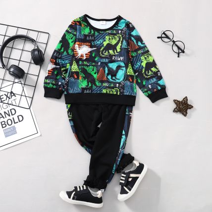 Googo Gaaga Boys Cotton Black Dino Printed Sweatshirt with jogger set