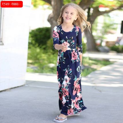 Girls PolyCotton Long Dress in Blue Color