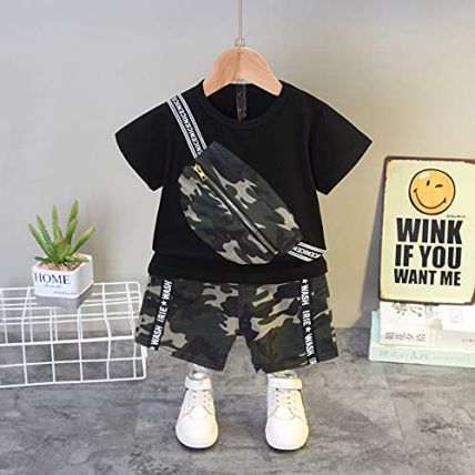 Googo Gaaga Boys T-Shirt And Camouflage Shorts Set In Black Colour