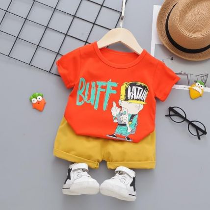 Googogaaga Boy's Cotton Printed T-Shirt With Shorts in Orange Color For Baby Boys Clothing Set