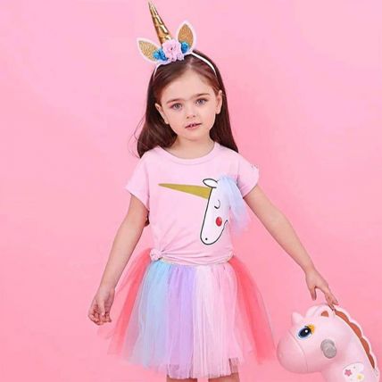 Googogaaga Girl's Cotton Unicorn Printed T-Shirt with Rainbow Coloured Skirt