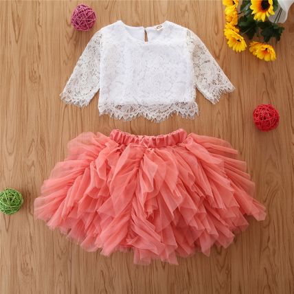 Googogaaga Girl's Polycotton Lace Detailed Top With Skirt In Pink Color