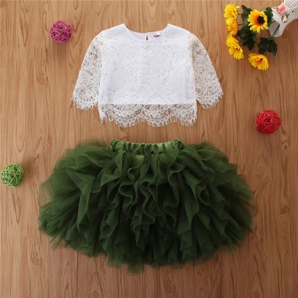 Googogaaga Girl's Polycotton Lace Detailed Top With Skirt In Green Color