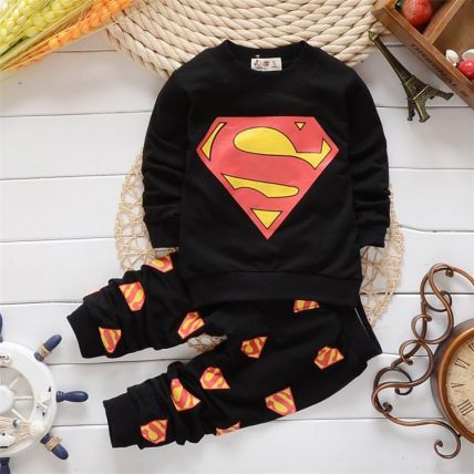 Black Full Sleeves Superman Printed Sweatshirt and Pant Set