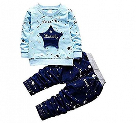 Googo Gaaga Boy's Cotton Star Printed Full Sleeves Sweatshirt with Pant Set in Blue Color