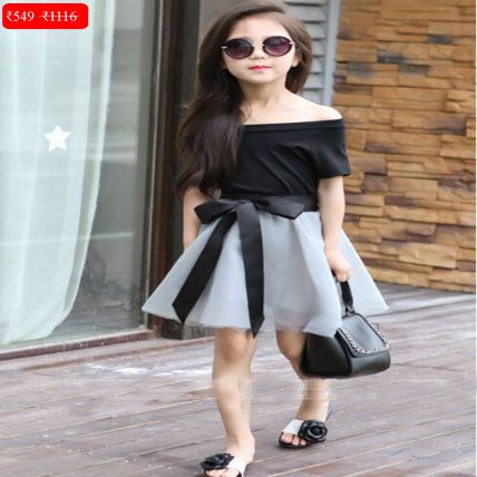 Girl's Off-shoulder Black top and Grey Skirt