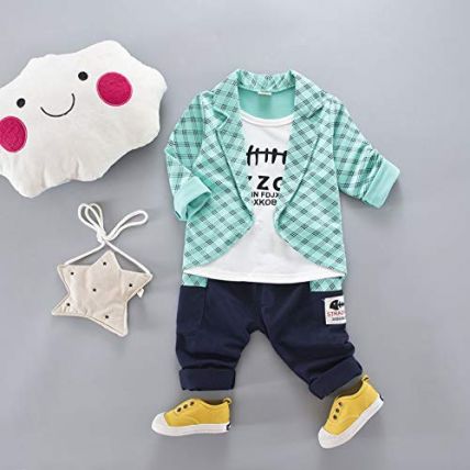 Googogaaga Boy's Cotton Blazer Attached T-Shirt with Pant Set in Green Color