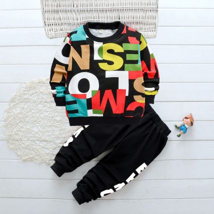  Boy's Cotton Letter Printed Black Sweatshirt with Pant